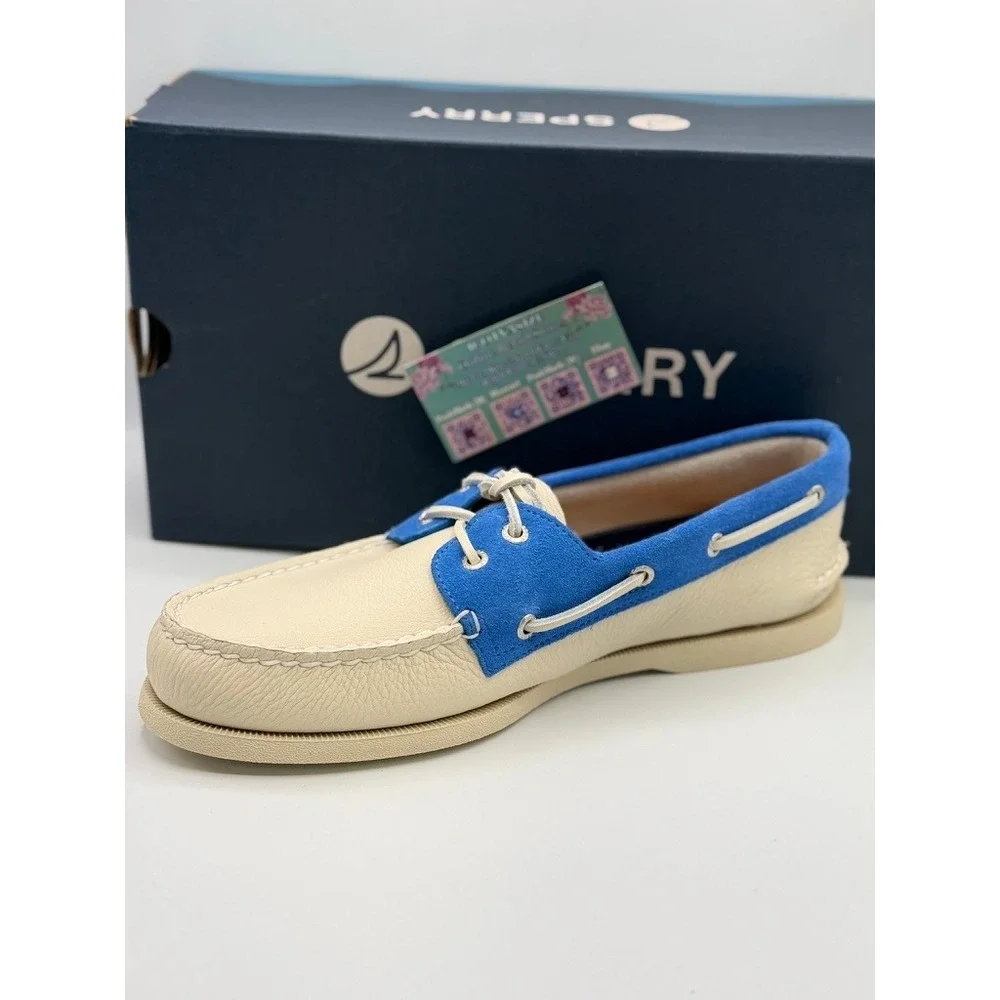 Sperry Top-Sider Authentic‎ Original Mens Cream Blue Leather Suede Boat Shoes
